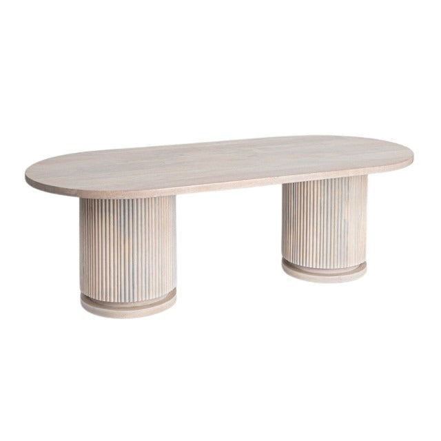 Rowena Interiors Fluted Mango Wood Oval Coffee Table with Double Pedestal Base for Modern Living Natural EC1845MC