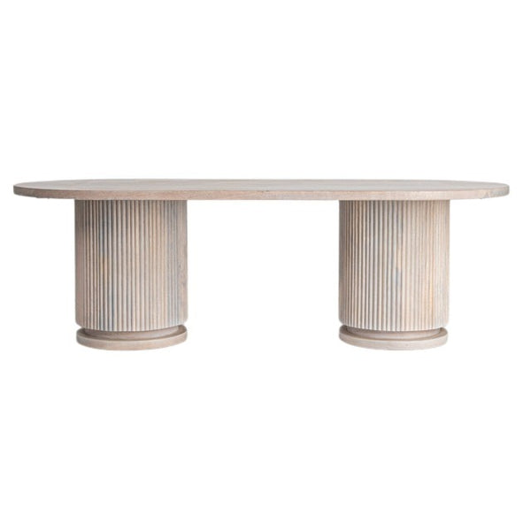 Rowena Interiors Fluted Mango Wood Oval Coffee Table with Double Pedestal Base for Modern Living Natural EC1845MC