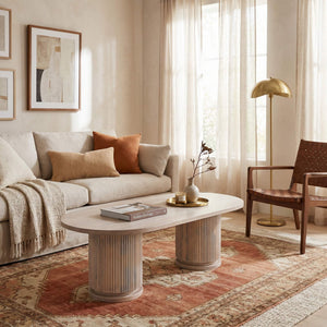 Rowena Interiors Fluted Mango Wood Oval Coffee Table with Double Pedestal Base for Modern Living Natural EC1845MC