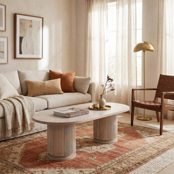 Rowena Interiors Fluted Mango Wood Oval Coffee Table with Double Pedestal Base for Modern Living Natural EC1845MC