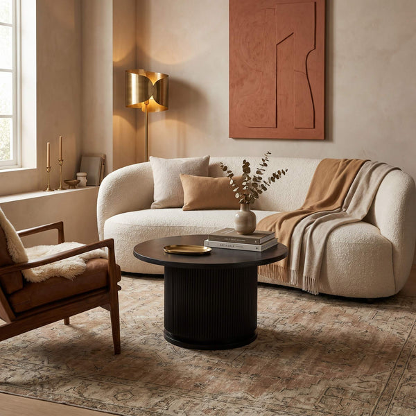 Rowena Interiors Fluted Pedestal Round Coffee Table Solid Mango Wood Bleached Finish Minimalist Decor Black EC1846MC