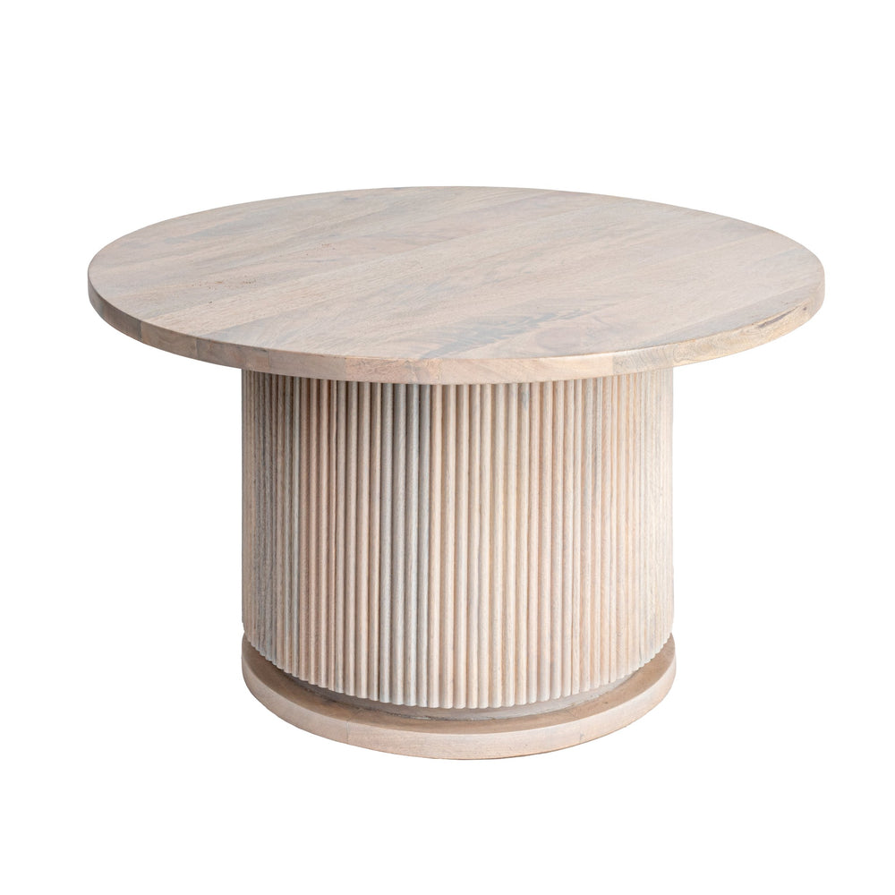 Rowena Interiors Fluted Pedestal Round Coffee Table Solid Mango Wood Bleached Finish Minimalist Decor Natural EC1847MC
