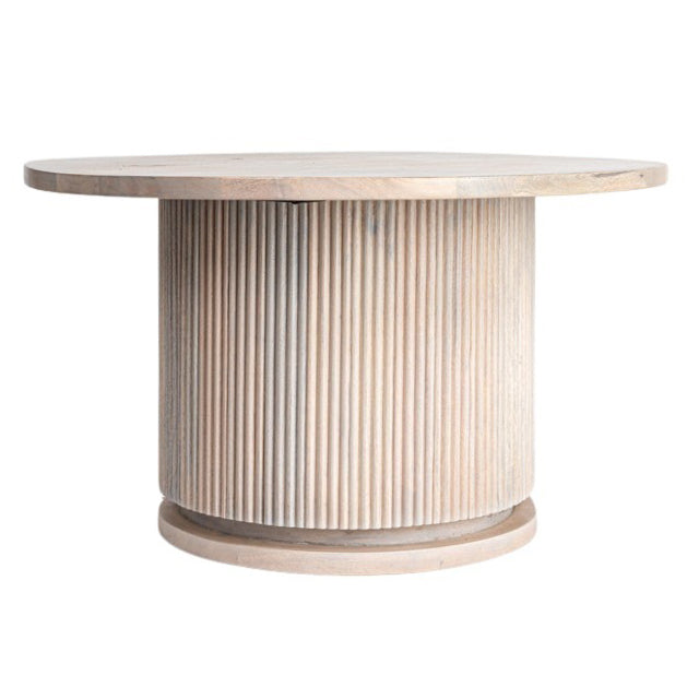 Rowena Interiors Fluted Pedestal Round Coffee Table Solid Mango Wood Bleached Finish Minimalist Decor Natural EC1847MC