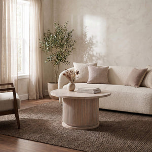 Rowena Interiors Fluted Pedestal Round Coffee Table Solid Mango Wood Bleached Finish Minimalist Decor Natural EC1847MC