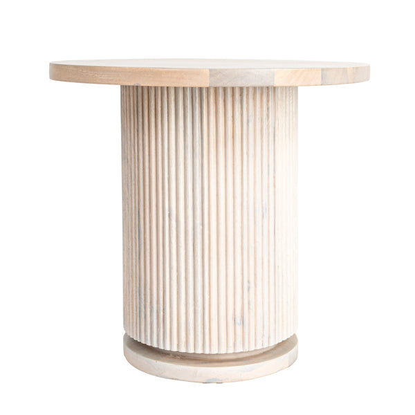 Rowena Interiors Fluted Mango Wood Round End Table Bleached Pedestal Base for Minimalist Spaces EC1849