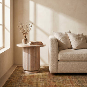 Rowena Interiors Fluted Mango Wood Round End Table Bleached Pedestal Base for Minimalist Spaces EC1849