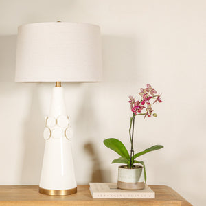 Rowena Interiors 32 Inch Artisan Stoneware Ceramic Table Lamp with Brass Base and Natural Linen Shade EC1856
