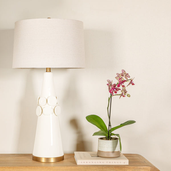 Rowena Interiors 32 Inch Artisan Stoneware Ceramic Table Lamp with Brass Base and Natural Linen Shade EC1856