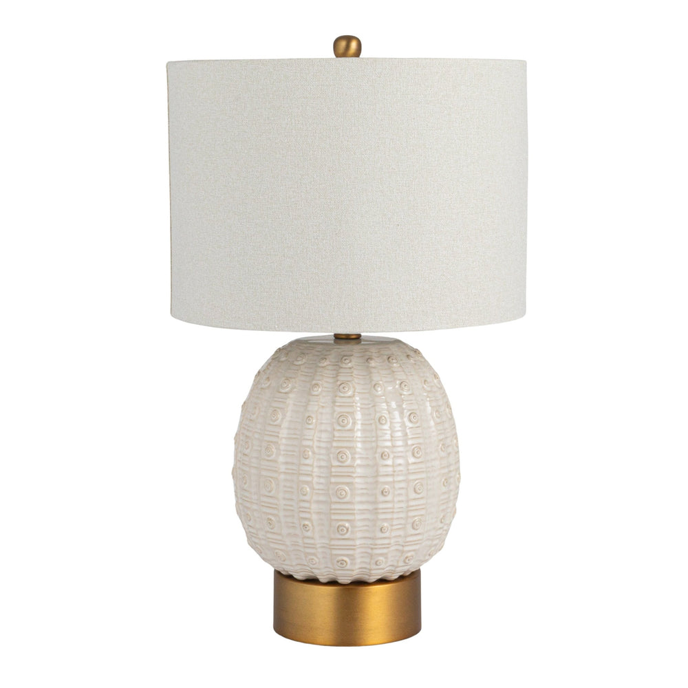 Rowena Interiors 24 Inch Stoneware Globe Lamp Crackle Glaze Base with Natural Linen Drum Shade Coastal EC1857