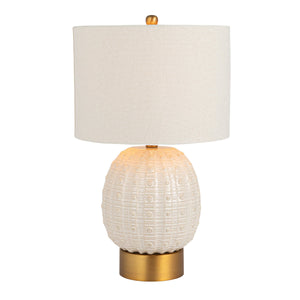 Rowena Interiors 24 Inch Stoneware Globe Lamp Crackle Glaze Base with Natural Linen Drum Shade Coastal EC1857