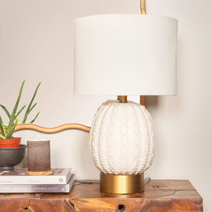 Rowena Interiors 24 Inch Stoneware Globe Lamp Crackle Glaze Base with Natural Linen Drum Shade Coastal EC1857