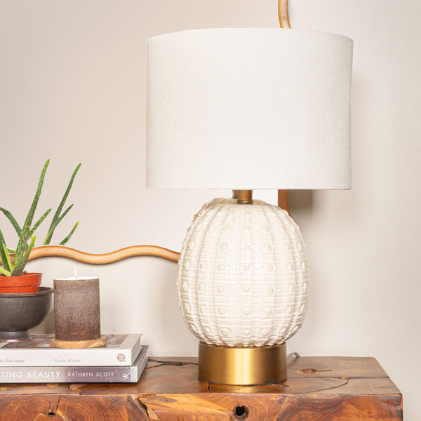 Rowena Interiors 24 Inch Stoneware Globe Lamp Crackle Glaze Base with Natural Linen Drum Shade Coastal EC1857