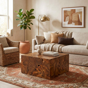 Rowena Interiors Square Solid Teak Root Coffee Table with Natural Grain for Bohemian Living Rooms EC1880