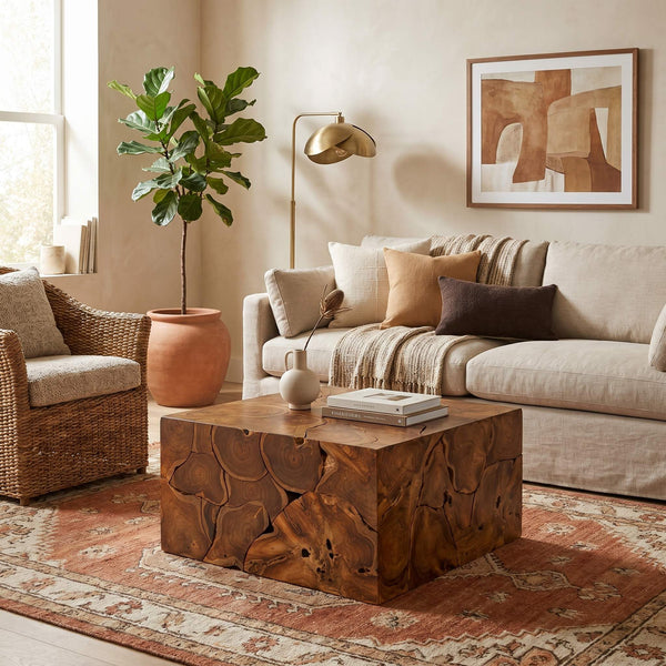 Rowena Interiors Square Solid Teak Root Coffee Table with Natural Grain for Bohemian Living Rooms EC1880