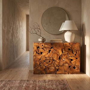 Rowena Interiors Rectangular Solid Teak Root Console Table Organic Grain Entryway Accent Piece EC1881
