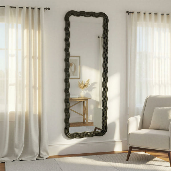 Rowena Interiors Rectangular Wavy Wood Floor Mirror with Sculptural Black Frame for Modern Interiors EC1884