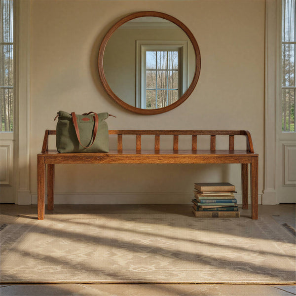Rowena Interiors Mango Wood Solid Hardwood Entryway Bench Low Profile Farmhouse Bedroom Accent Walnut Finish EC1891