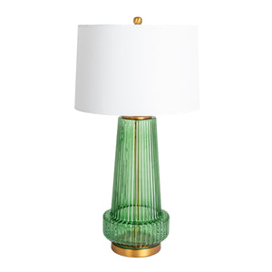 Rowena Interiors 30.5 Inch Ribbed Glass Table Lamp with Warm Linen Drum Shade for Bedside or Living Room Green EC1902