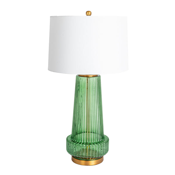 Rowena Interiors 30.5 Inch Ribbed Glass Table Lamp with Warm Linen Drum Shade for Bedside or Living Room Green EC1902