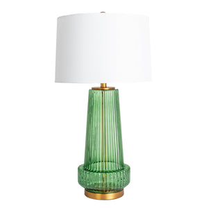 Rowena Interiors 30.5 Inch Ribbed Glass Table Lamp with Warm Linen Drum Shade for Bedside or Living Room Green EC1902