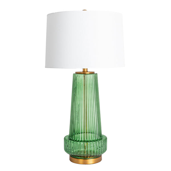 Rowena Interiors 30.5 Inch Ribbed Glass Table Lamp with Warm Linen Drum Shade for Bedside or Living Room Green EC1902