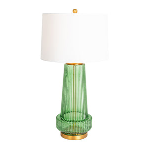 Rowena Interiors 30.5 Inch Ribbed Glass Table Lamp with Warm Linen Drum Shade for Bedside or Living Room Green EC1902