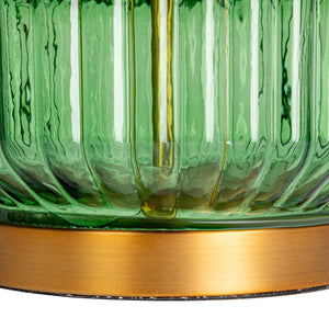 Rowena Interiors 30.5 Inch Ribbed Glass Table Lamp with Warm Linen Drum Shade for Bedside or Living Room Green EC1902