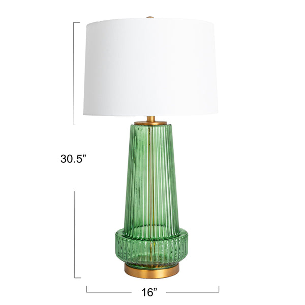 Rowena Interiors 30.5 Inch Ribbed Glass Table Lamp with Warm Linen Drum Shade for Bedside or Living Room Green EC1902