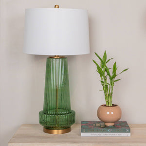Rowena Interiors 30.5 Inch Ribbed Glass Table Lamp with Warm Linen Drum Shade for Bedside or Living Room Green EC1902