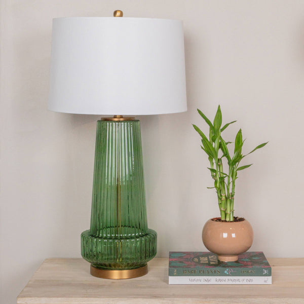 Rowena Interiors 30.5 Inch Ribbed Glass Table Lamp with Warm Linen Drum Shade for Bedside or Living Room Green EC1902