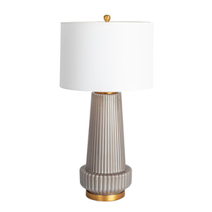 Rowena Interiors 30.5 Inch Ribbed Glass Table Lamp with Warm Linen Drum Shade for Bedside or Living Room Grey EC1903