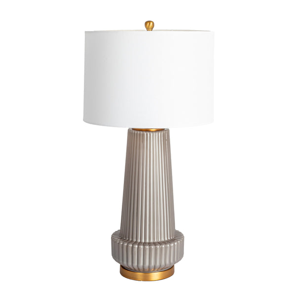 Rowena Interiors 30.5 Inch Ribbed Glass Table Lamp with Warm Linen Drum Shade for Bedside or Living Room Grey EC1903