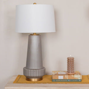 Rowena Interiors 30.5 Inch Ribbed Glass Table Lamp with Warm Linen Drum Shade for Bedside or Living Room Grey EC1903