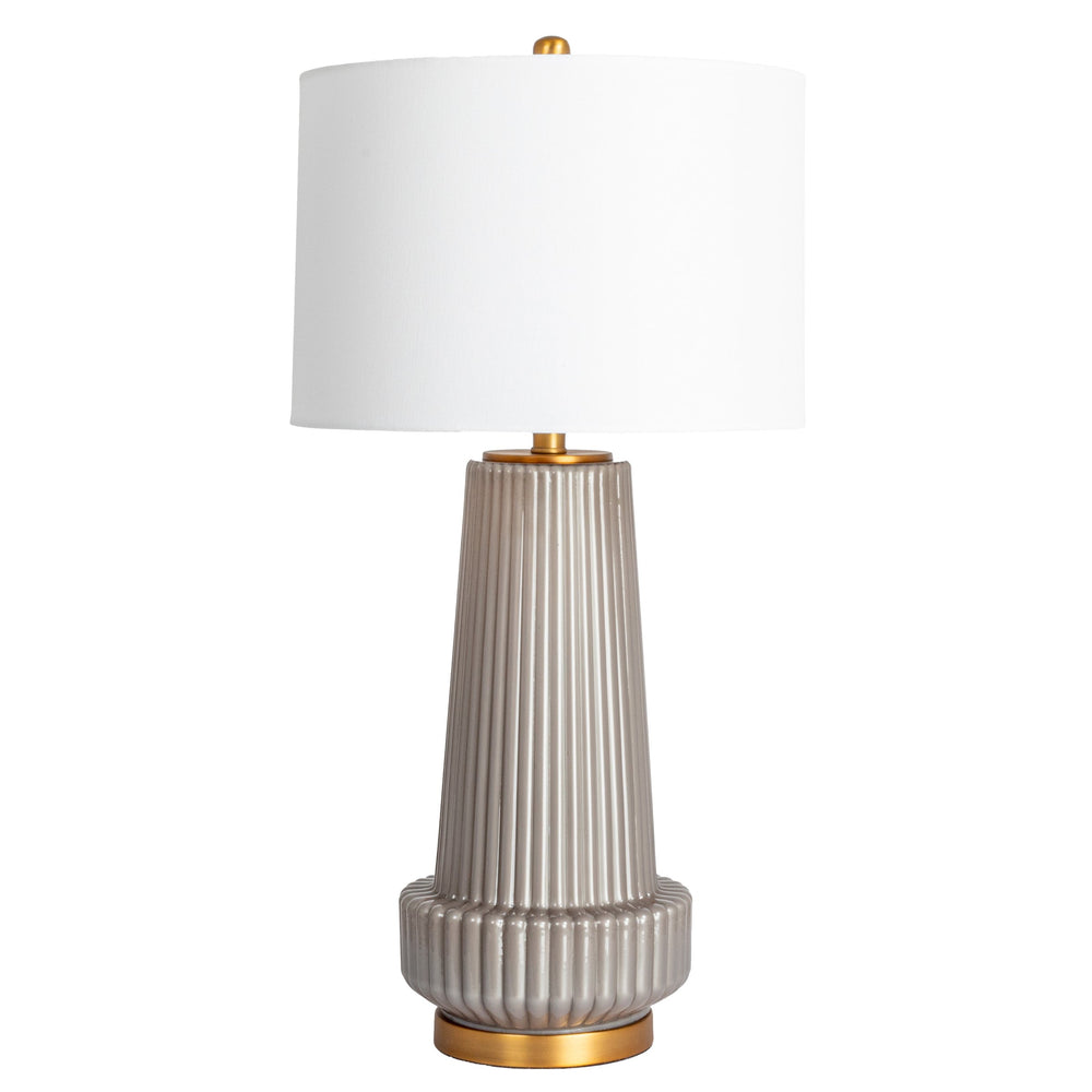 Rowena Interiors 30.5 Inch Ribbed Glass Table Lamp with Warm Linen Drum Shade for Bedside or Living Room Grey EC1903