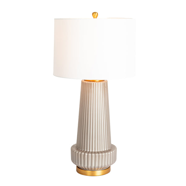 Rowena Interiors 30.5 Inch Ribbed Glass Table Lamp with Warm Linen Drum Shade for Bedside or Living Room Grey EC1903