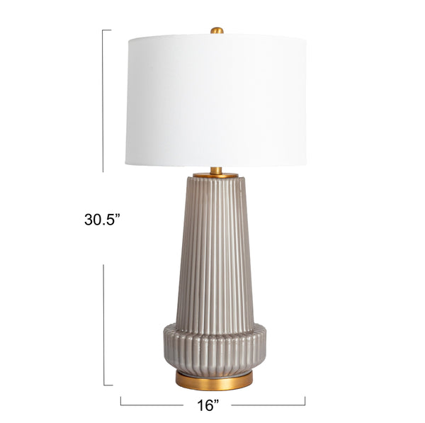 Rowena Interiors 30.5 Inch Ribbed Glass Table Lamp with Warm Linen Drum Shade for Bedside or Living Room Grey EC1903