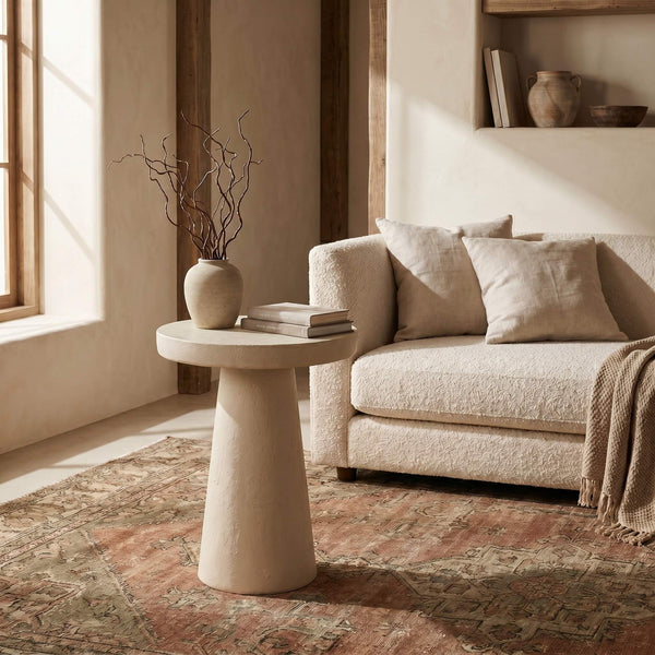 Rowena Interiors Tapered Pedestal Side Table Matte Cream Magnesium Oxide Sculptural Indoor Outdoor Accent EC1912