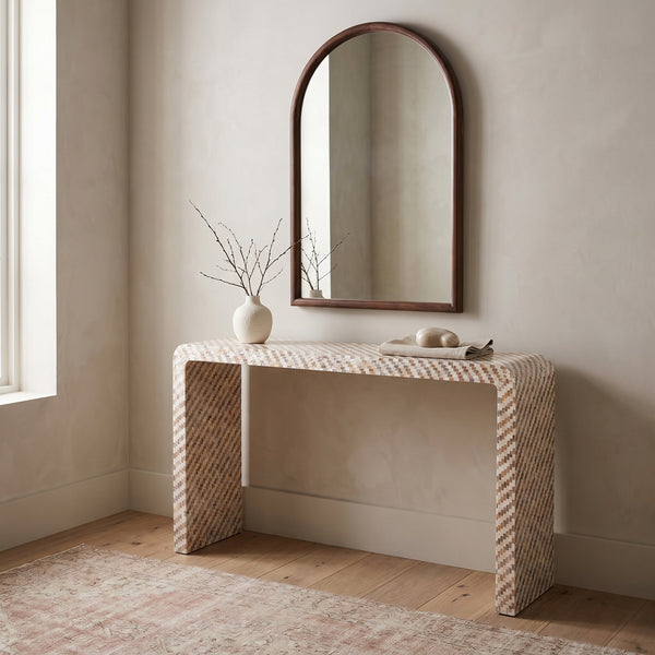 Rowena Interiors Mother of Pearl Shell Inlay Waterfall Console Table Sculptural Entryway Accent EC1924