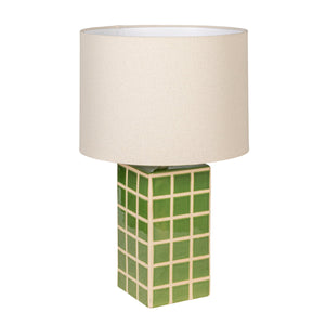 Rowena Interiors 18.5 Inch Stoneware Grid Pattern Table Lamp with Warm Linen Drum Shade for Modern Decor EC1932