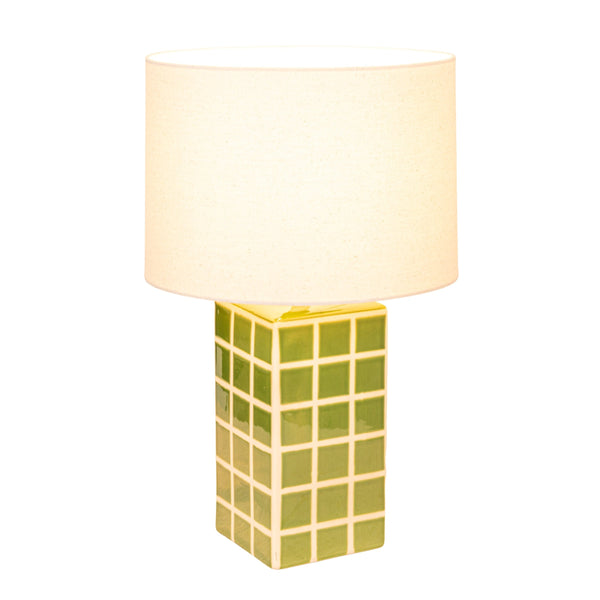 Rowena Interiors 18.5 Inch Stoneware Grid Pattern Table Lamp with Warm Linen Drum Shade for Modern Decor EC1932