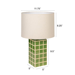 Rowena Interiors 18.5 Inch Stoneware Grid Pattern Table Lamp with Warm Linen Drum Shade for Modern Decor EC1932