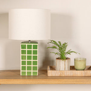 Rowena Interiors 18.5 Inch Stoneware Grid Pattern Table Lamp with Warm Linen Drum Shade for Modern Decor EC1932