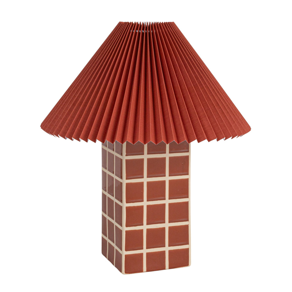 Rowena Interiors 18 Inch Windowpane Stoneware Ceramic Table Lamp with Pleated Linen Shade for Warm Ambiance Red EC1933