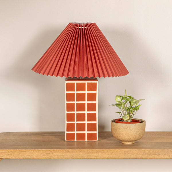 Rowena Interiors 18 Inch Windowpane Stoneware Ceramic Table Lamp with Pleated Linen Shade for Warm Ambiance Red EC1933