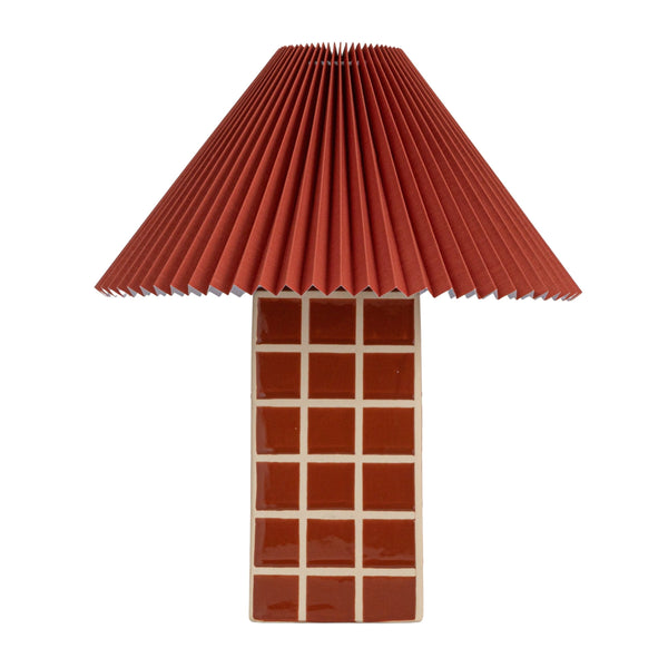 Rowena Interiors 18 Inch Windowpane Stoneware Ceramic Table Lamp with Pleated Linen Shade for Warm Ambiance Red EC1933