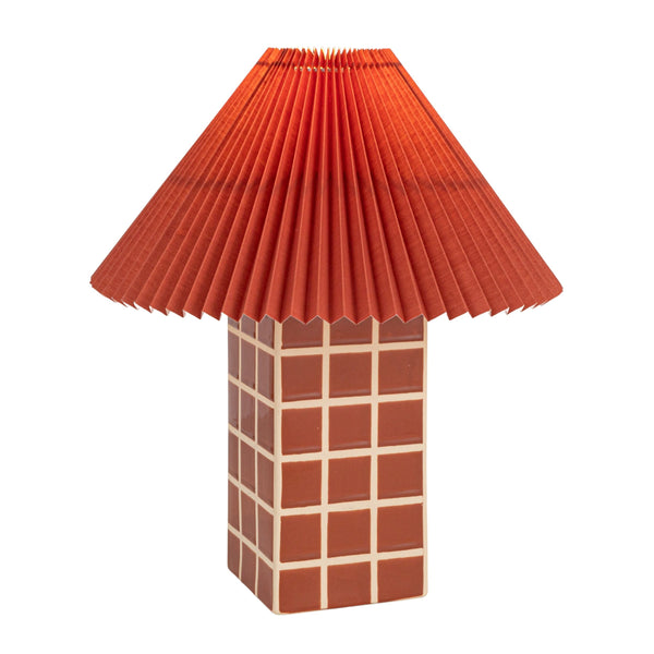 Rowena Interiors 18 Inch Windowpane Stoneware Ceramic Table Lamp with Pleated Linen Shade for Warm Ambiance Red EC1933