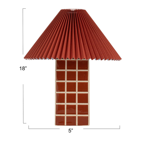 Rowena Interiors 18 Inch Windowpane Stoneware Ceramic Table Lamp with Pleated Linen Shade for Warm Ambiance Red EC1933