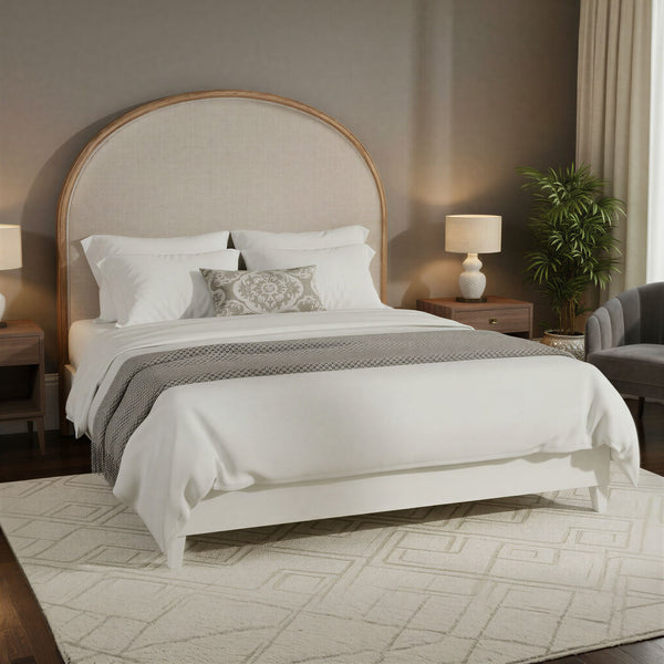 Rowena Interiors Solid Oak Arched Queen Headboard with Soft Linen Panel for Farmhouse Bedroom Decor EC1954