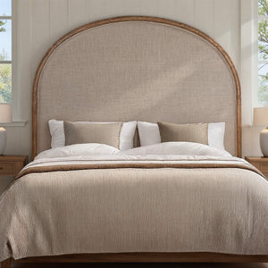 Rowena Interiors Solid Oak Arched Queen Headboard with Soft Linen Panel for Farmhouse Bedroom Decor EC1954