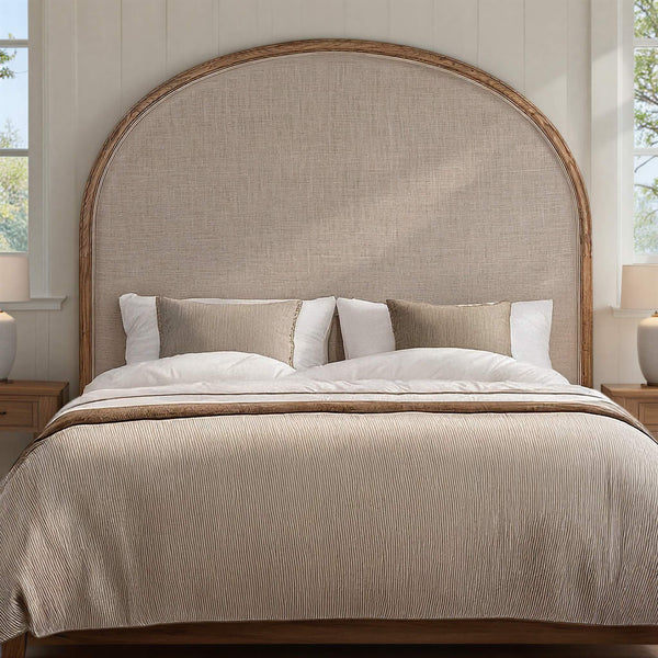 Rowena Interiors Solid Oak Arched Queen Headboard with Soft Linen Panel for Farmhouse Bedroom Decor EC1954